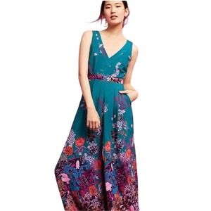 Maeve Anthropologie Andalusia Jumpsuit Teal Floral V-Neck Wide Leg Womens 2 EUC